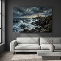 Stormy Lighthouse Stretched Canvas Wall Art, Dramatic Seascape Print, Coastal Living Room Decor