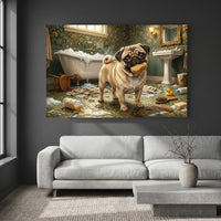Pug Bathroom Stretched Canvas Wall Art, Humorous Dog Print, Vintage Powder Room Decor