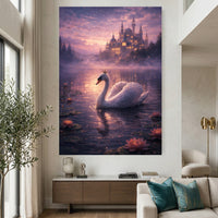 Fantasy Swan Lake Castle Oil Painting Style Canvas Print Wall Art Decor - Mockup Display 2