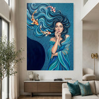 Mystical Woman & Koi Fish Oil Painting Style Canvas Print Wall Art, Serene Decor - Mockup Display 2