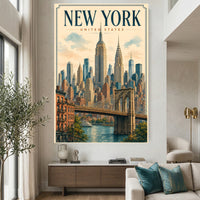 New York City Vintage Illustration Skyline Brooklyn Bridge Canvas Print Wall Art, Iconic - Mockup Display 1