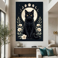 Mystical Black Cat Moon Phases Celestial Canvas Print Wall Art, Elegant Home Decor - Mockup Display 2