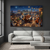 Rooftop Jazz Dogs NYC Skyline Oil Painting Style Canvas Print Wall Art for Urban Decor - Mockup Display 2