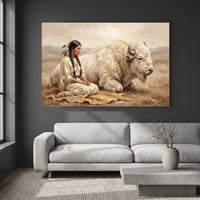 Native American Woman White Buffalo Oil Painting Style Canvas Print Wall Art, Serene Decor - Mockup Display 2
