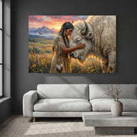 Native Woman & White Bison Oil Painting Style Canvas Print Wall Art, Spiritual Serenity - Mockup Display 2