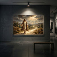 Jesus Walking Path Oil Painting Style Canvas Print Wall Art, Divine Light - Mockup Display 2