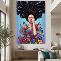 Vibrant Pop Art Woman with Flowers & Butterflies Canvas Print Wall Art Décor - Mockup Display 2