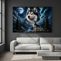 Majestic Husky Dog Oil Painting Style Moonlight Aurora Canvas Print Wall Art - Mockup Display 2