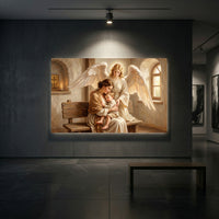 Religious Mother Child and Guardian Angel Oil Painting Style Canvas Print Wall Art - Mockup Display 2