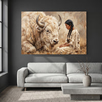 White Bison & Native American Woman Oil Painting Style Canvas Print Wall Art, Spirit - Mockup Display 2