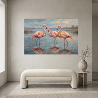 Three Pink Flamingos Oil Painting Style Canvas Print Wall Art, Serene Decor - Mockup Display 2