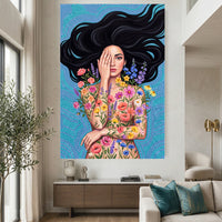 Enchanting Floral Woman Illustration Canvas Print Wall Art, Serene Beauty - Mockup Display 2