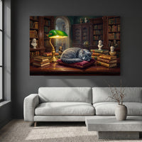 Peaceful Grey Cat Sleeping Library Oil Painting Style Canvas Print Wall Art for Study - Mockup Display 2
