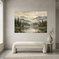 Misty Mountain Lake Landscape Oil Painting Style Canvas Print Wall Art, Rustic Decor - Mockup Display 2