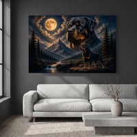 Rottweiler Dogs Moonlit Mountain Fantasy Art Style Canvas Print Wall Art, Dramatic - Mockup Display 2