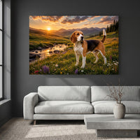 Regal Beagle Dog Mountain Sunset Oil Painting Style Canvas Print Wall Art, Nature Inspired - Mockup Display 2