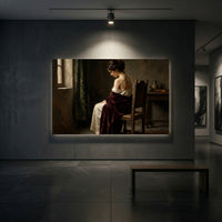 Contemplative Woman in Red Shawl, Classical Oil Painting Style Canvas Print Wall Art, Elegant. - Mockup Display 2