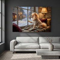 Pomeranian Stretched Canvas Wall Art, Snowy Window Dog Print, Cozy Living Room Decor