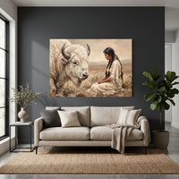 Native American Woman & White Bison Oil Painting Style Canvas Print Wall Art, Majestic - Mockup Display 2