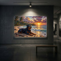 Rottweiler Dog Tropical Beach Sunset Oil Painting Style Canvas Print Wall Art Décor - Mockup Display 2