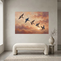 Barn Swallows Sunset Sky Oil Painting Style Canvas Print Wall Art for Nature Lovers - Mockup Display 2