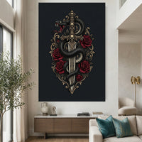 Gothic Snake & Skull Sword with Red Roses Illustrative Canvas Print Wall Art, Dark Fantasy Decor - Mockup Display 2