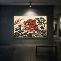 Dynamic Japanese Ukiyo-e Tiger Waves & Sun Canvas Print Wall Art, Zen Decor - Mockup Display 2