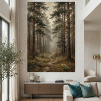 Misty Pine Forest Pathway Oil Painting Style Canvas Print Wall Art, Serene Decor - Mockup Display 2