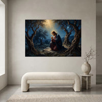 Jesus in Gethsemane Oil Painting Style Canvas Print Wall Art, Divine Light - Mockup Display 2