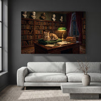 Tabby Cat in Scholarly Library Oil Painting Style Canvas Print Wall Art, Elegant Decor - Mockup Display 2