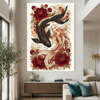 Yin Yang Koi Fish Peony Japanese Art Style Canvas Print Wall Art, Elegant Decor - Mockup Display 2