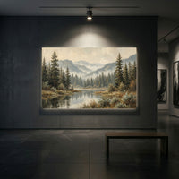 Serene Forest Lake Landscape Oil Painting Style Canvas Print Wall Art, Tranquil View - Mockup Display 2