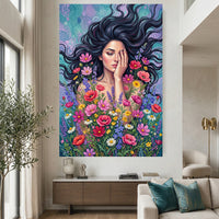 Woman in Wildflowers Oil Painting Style Canvas Print Wall Art with Vibrant Hues - Mockup Display 2