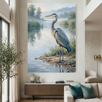 Great Blue Heron Oil Painting Style Canvas Print Wall Art, Serene Waterside Decor - Mockup Display 2