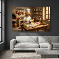 Golden Retriever Chef Pasta Oil Painting Style Canvas Print Wall Art Rustic Kitchen Decor - Mockup Display 2