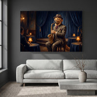 Golden Retriever Saxophone Player Oil Painting Style Canvas Print Wall Art, Jazzy Decor - Mockup Display 2