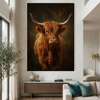 Majestic Highland Cow Portrait Oil Painting Style Canvas Print Wall Art, Rustic Farmhouse Decor - Mockup Display 2