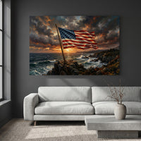 Patriotic American Flag Coastal Sunset Oil Painting Style Canvas Print Wall Art Decor - Mockup Display 2