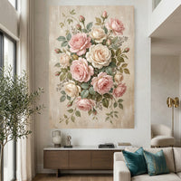 Romantic Pink Cream Roses Floral Oil Painting Style Canvas Print Wall Art Elegant Decor - Mockup Display 2