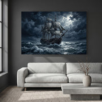 Dramatic Pirate Ship Oil Painting Style Canvas Print Wall Art, Nautical Theme - Mockup Display 2