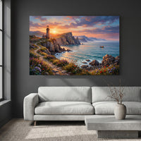Vibrant Coastal Sunset Lighthouse Oil Painting Style Canvas Print Wall Art, Serene - Mockup Display 2