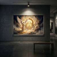 Radiant Angel at Golden Gates Divine Fantasy Canvas Print Wall Art, Heavenly Decor - Mockup Display 2