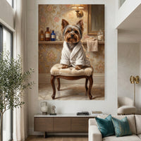 Yorkshire Terrier in Robe Oil Painting Style Canvas Print Wall Art, Elegant Bathroom Decor - Mockup Display 2