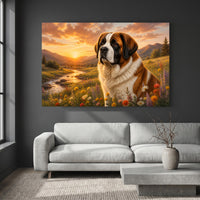 St. Bernard Dog Sunset Meadow Oil Painting Style Canvas Print Wall Art, Golden Hour - Mockup Display 2