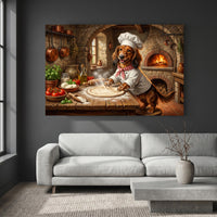 Dachshund Chef Making Pizza Oil Painting Style Canvas Print Wall Art for Kitchen - Mockup Display 2