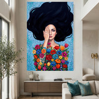Vibrant Floral Woman Oil Painting Style Canvas Print Wall Art, Expressive Decor - Mockup Display 2