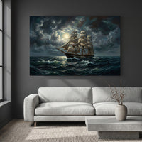 Majestic Three-Masted Ship Moonlight Oil Painting Style Canvas Print Wall Art - Mockup Display 2