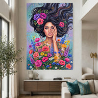 Vibrant Boho Woman & Flowers Canvas Print Wall Art, Expressive Modern Decor - Mockup Display 2