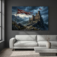 Dramatic Mountain Castle Libertas with Flags Canvas Print Wall Art, Epic Landscape. - Mockup Display 2
