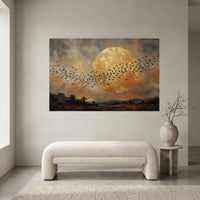 Flock of Birds Full Moon Landscape Oil Painting Style Canvas Print Wall Art for Home - Mockup Display 2
